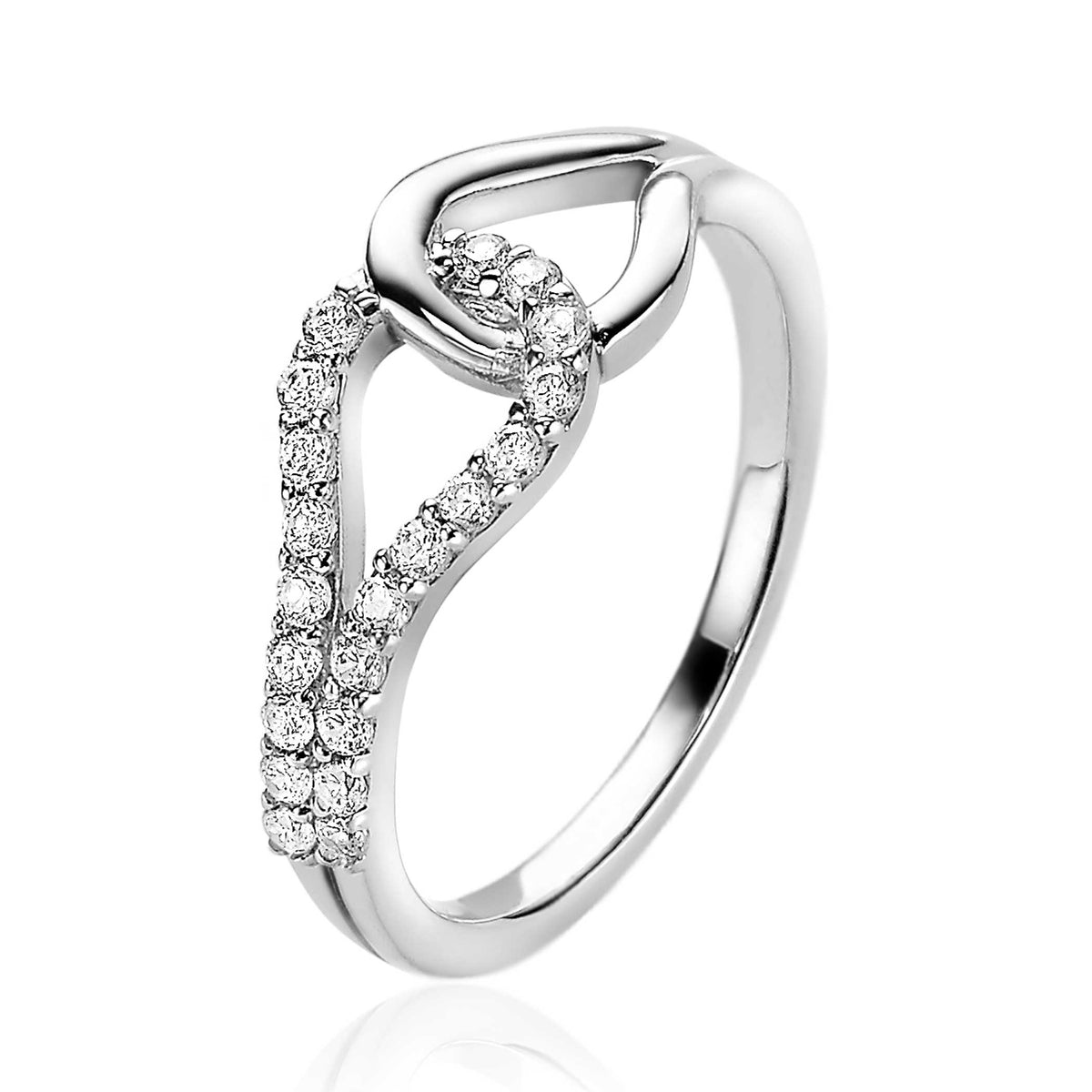 Ring aus Silber mit Zirkonia, geschwungene Form und funkelnden Steinen an der Vorderseite