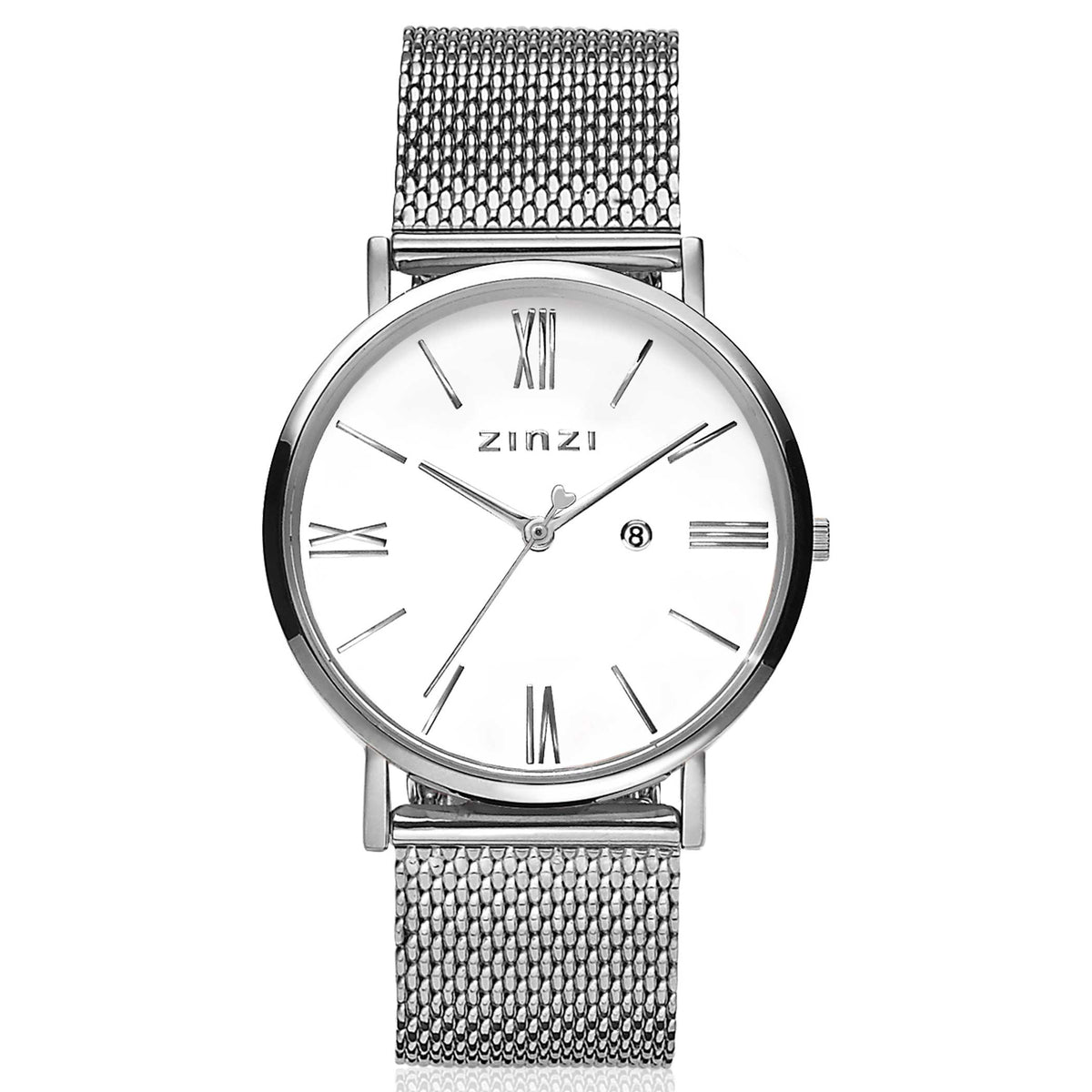 Silbernes Stahl-Horloge mit weißem Zifferblatt und Mesh-Armband, römische Ziffern und Datumsanzeige
