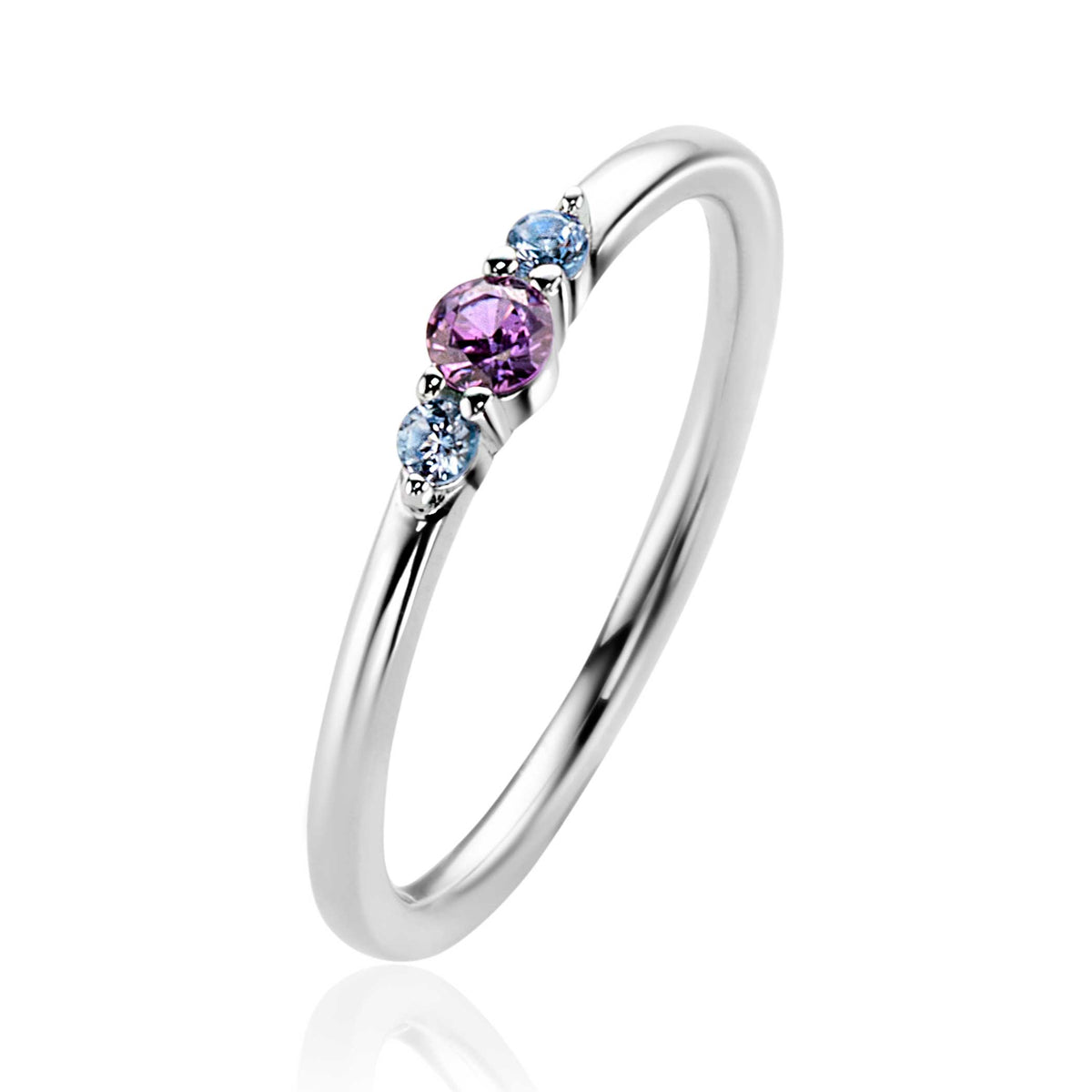 Ring aus Silber mit lila und blauen Edelsteinen in einer schlichten, eleganten Form