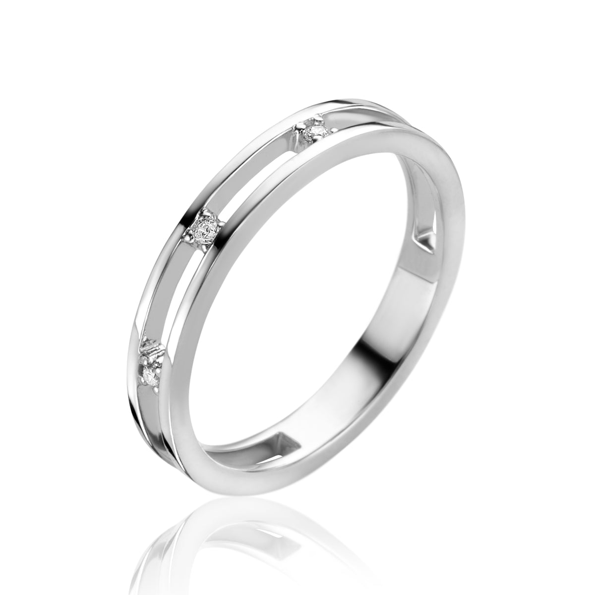 Ring aus Silber mit drei kleinen, funkelnden Zirkonia-Steinen und glatter Oberfläche