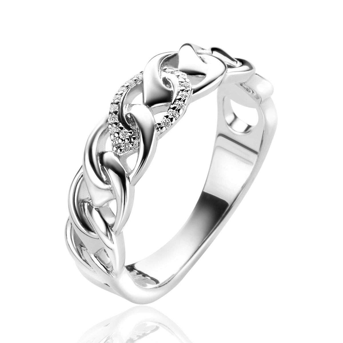 Ring aus Silber mit geflochtenem Design und kleinen, funkelnden Edelsteinen