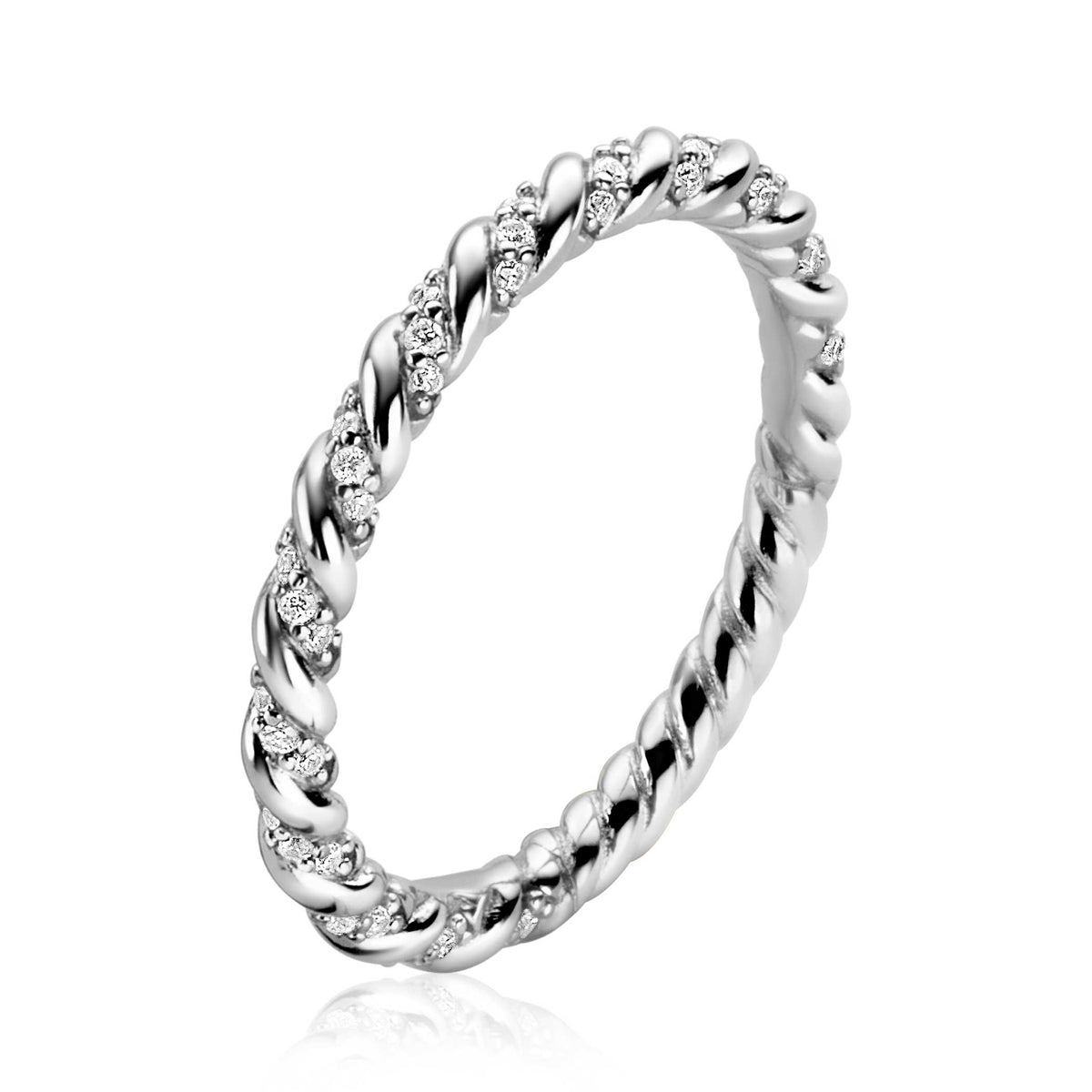 Ring aus Silber mit gedrehtem Design und kleinen, funkelnden Zirkonia-Steinen