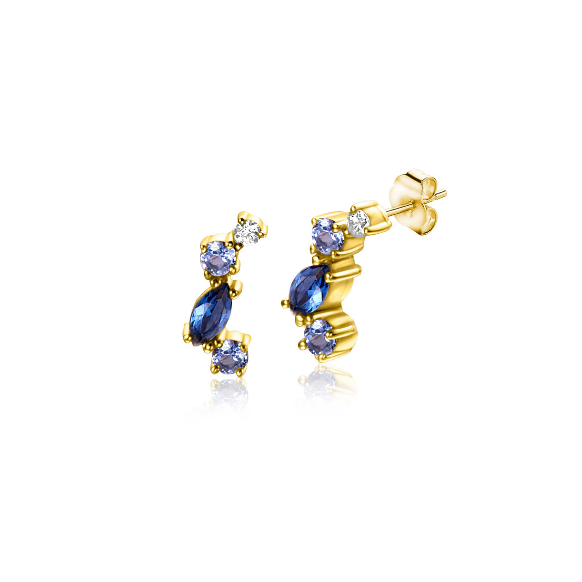 Ohrringe aus Gold mit blauen und klaren Edelsteinen in verschiedenen Formen
