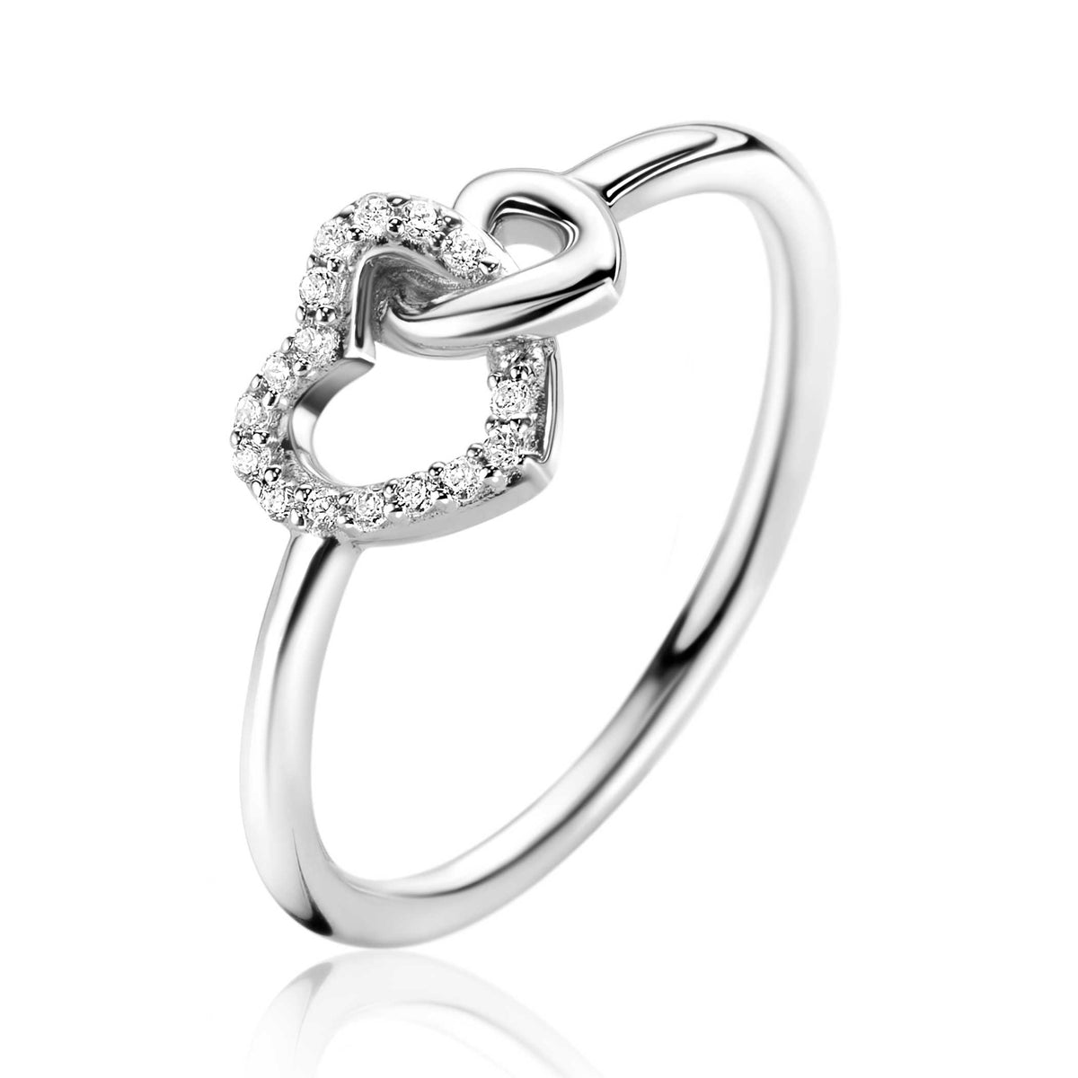 Ring aus Silber mit zwei ineinander verschlungenen Herzen, besetzt mit kleinen Zirkonia.