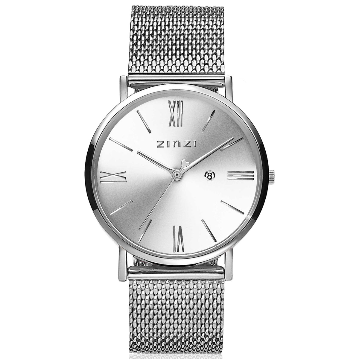 Silbernes Stahl-Horloge mit rundem Zifferblatt und Mesh-Armband, römischen Ziffern und Datumsanzeige