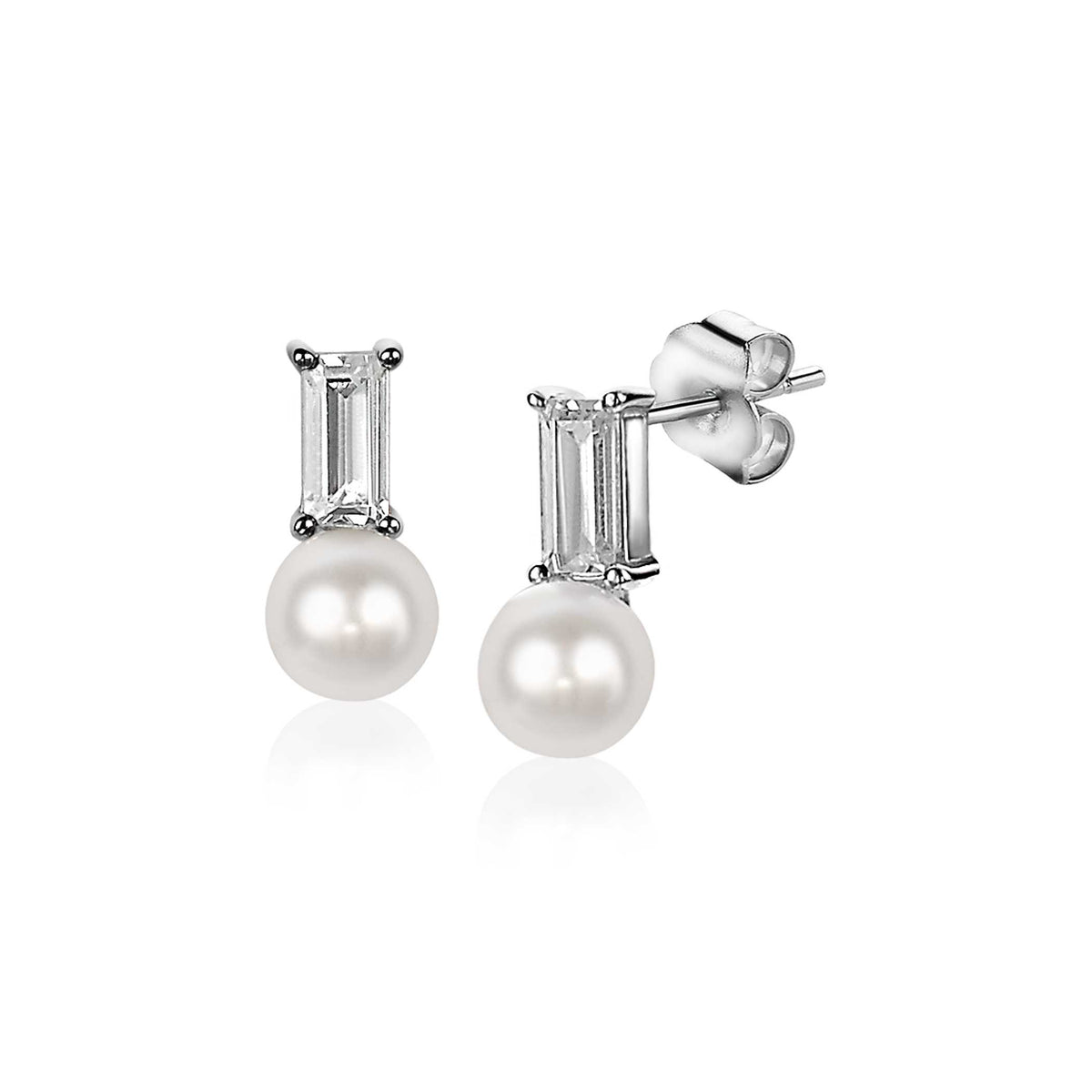 Ohrringe aus Silber mit rechteckigem Zirkonia und einer weißen Perle
