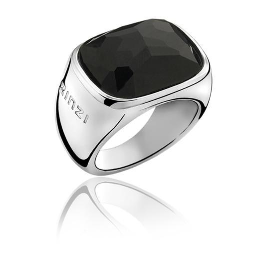 Ring aus Silber mit schwarzem, facettiertem Edelstein und markanter, breiter Form