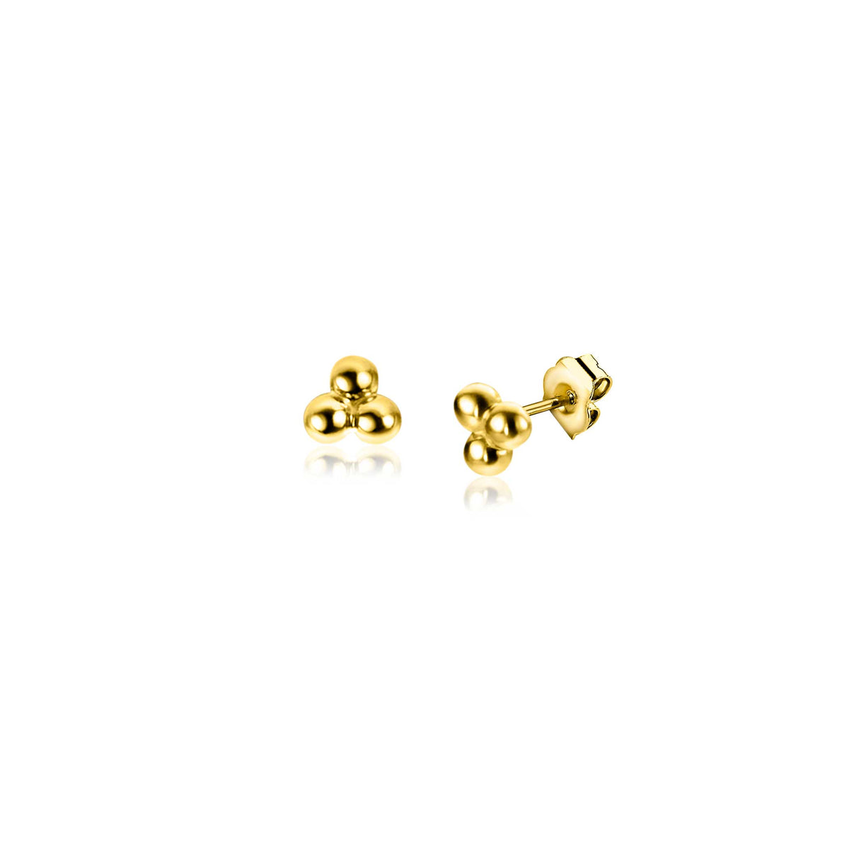 Ohrringe aus Gold mit drei kleinen, runden Perlen in einer minimalistischen Anordnung