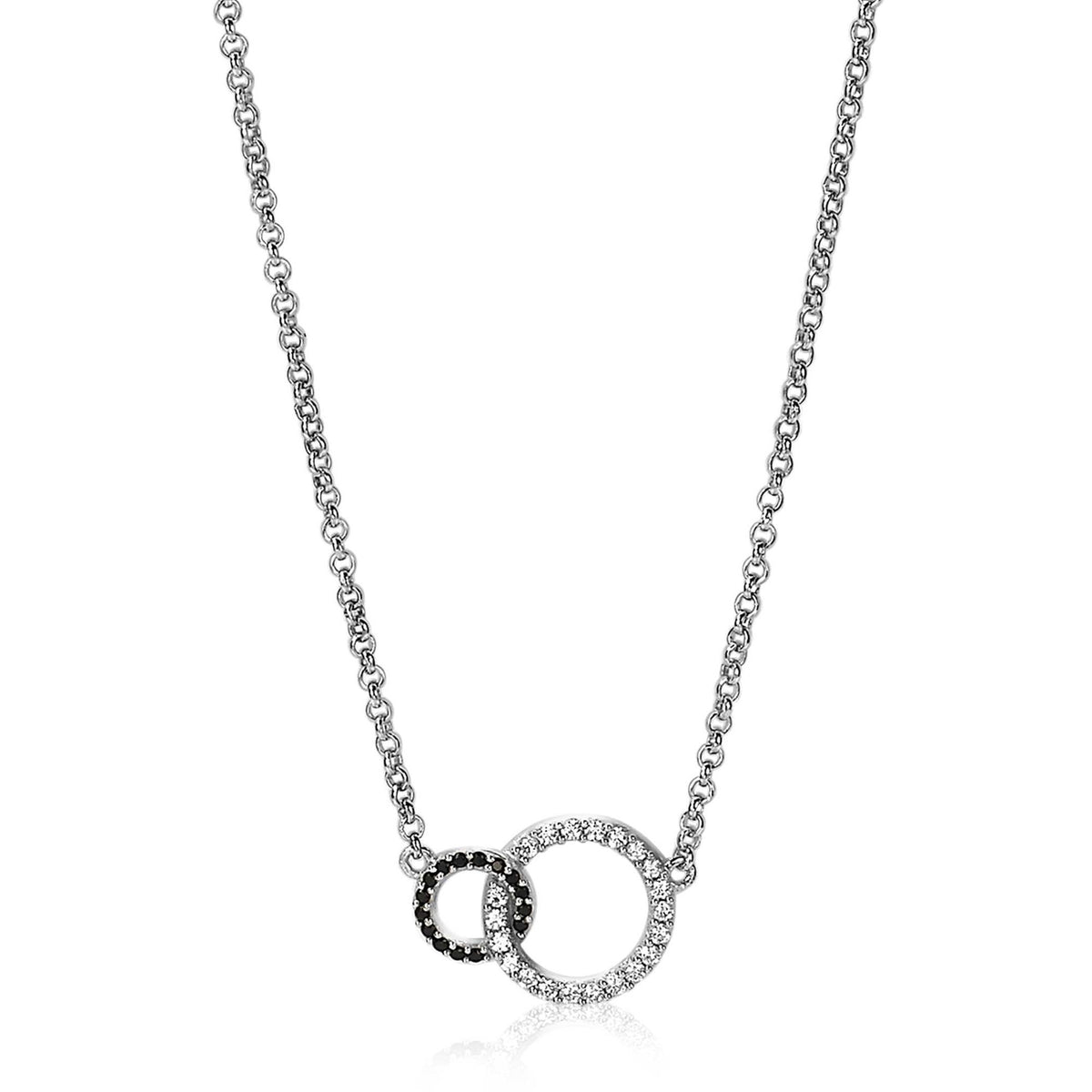 Halskette aus Silber mit zwei Ringen, einer mit weißen und einer mit schwarzen Steinen