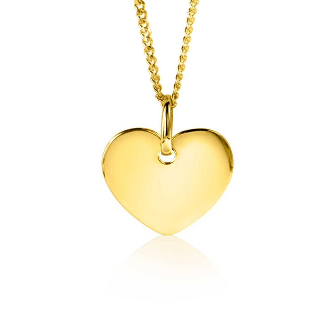 Tegen een witte achtergrond bungelt de Zinzi Hangers Goud Zgh396 12 hanger, hartvormig en glanzend in goud, aan een delicate ketting. Het gepolijste oppervlak reflecteert zachtjes licht, wat de elegantie van Zinzi sieraden benadrukt.