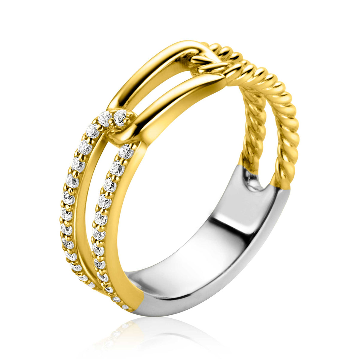 Ring aus vergoldetem Metall mit Zirkonia-Steinen und gedrehtem Design
