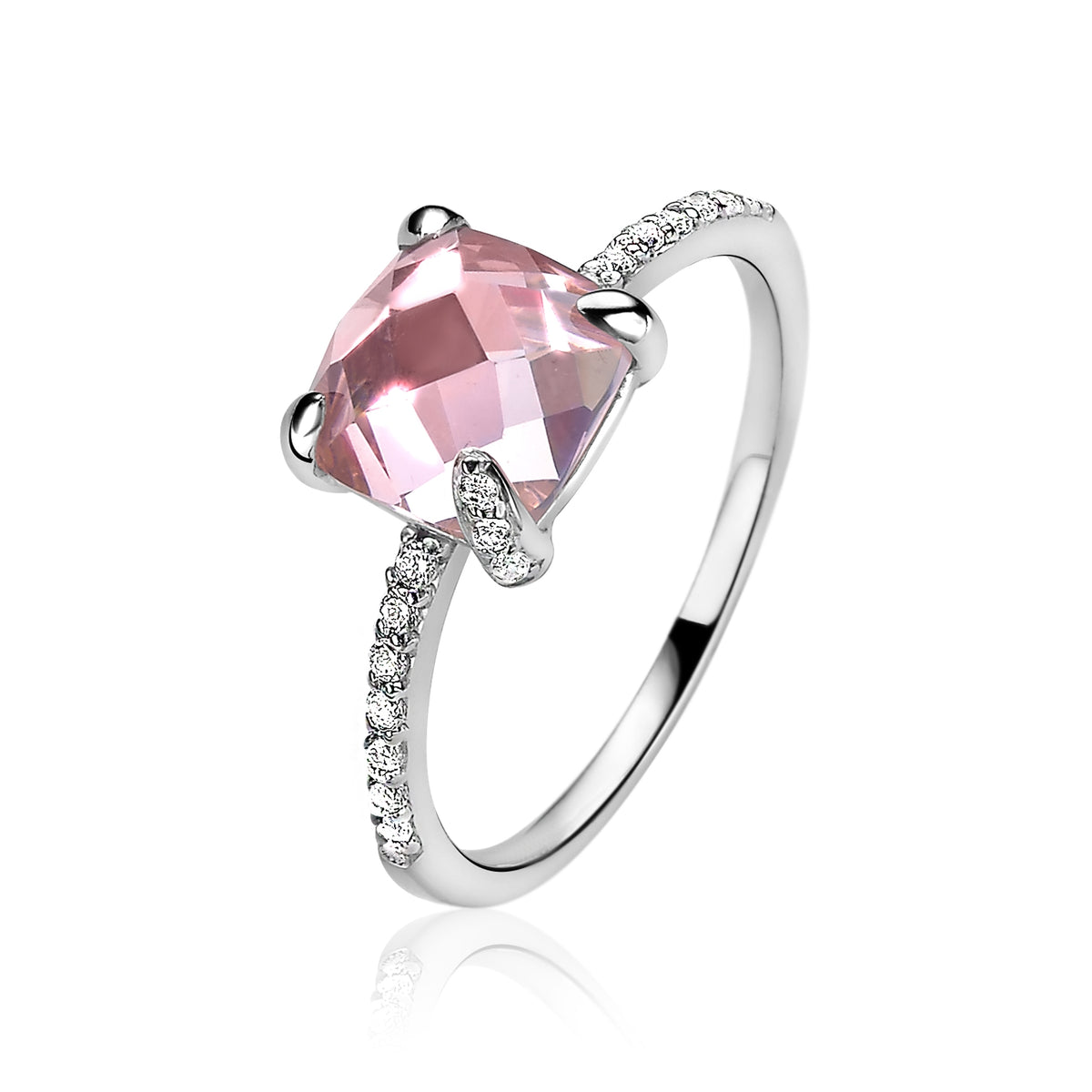 Ring aus Silber mit rosa Edelstein und kleinen, funkelnden Zirkonia am Band