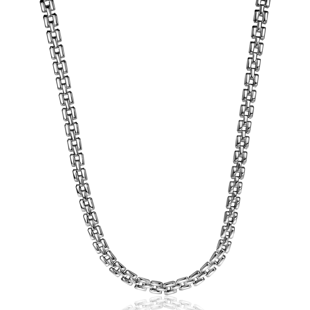 De Zinzi Ketting Zilver Zic2149, een zilverkleurige rechthoekige box ketting van Zinzi, is afgebeeld in een zachte U-vorm tegen een witte achtergrond.