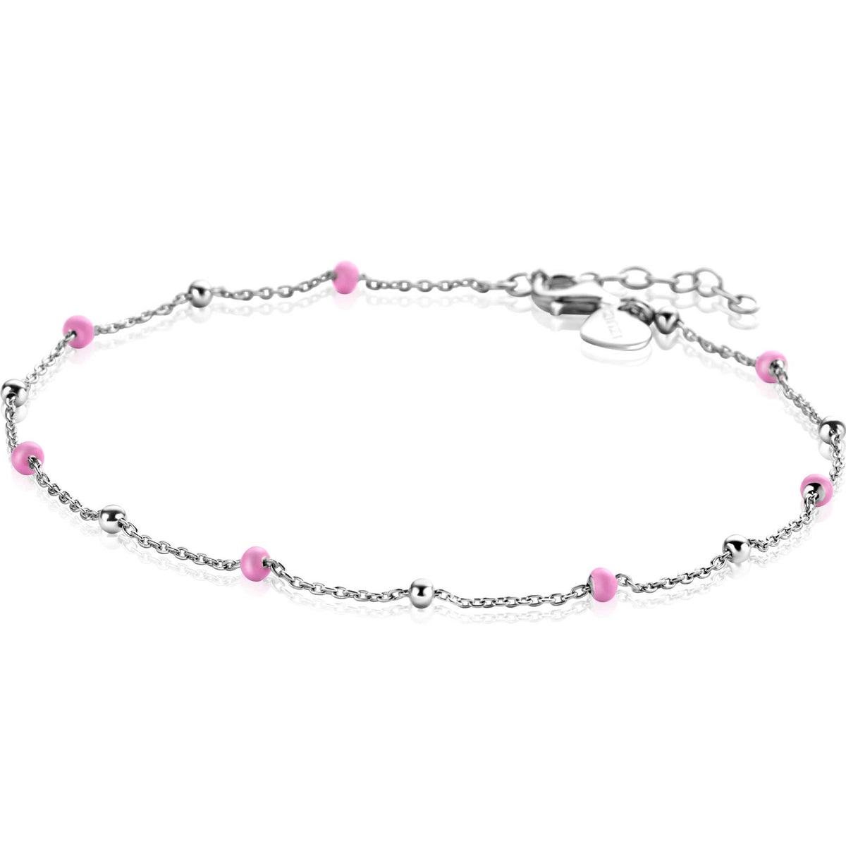 Silberne Kette mit pinken Perlen und kleinen silbernen Kugeln, feines Design