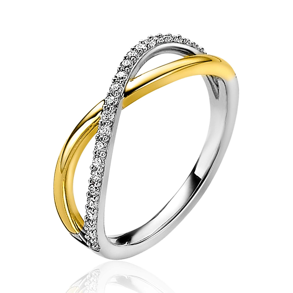 Ring aus vergoldetem und silbernem Metall mit Zirkonia-Steinen und geschwungenem Design