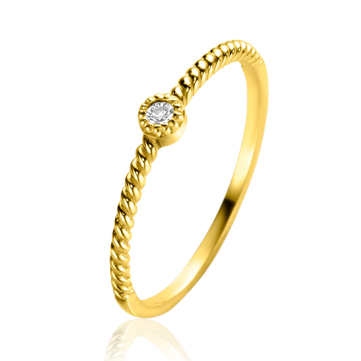 Ring aus Gold mit einem kleinen, runden Zirkonia und gedrehtem Design