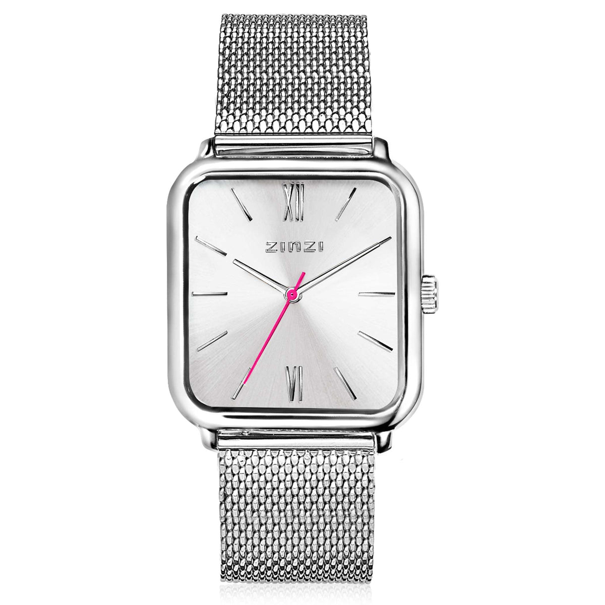 Silberfarbenes Stahl-Horloge mit quadratischem Gehäuse und silbernem Zifferblatt, Mesh-Armband