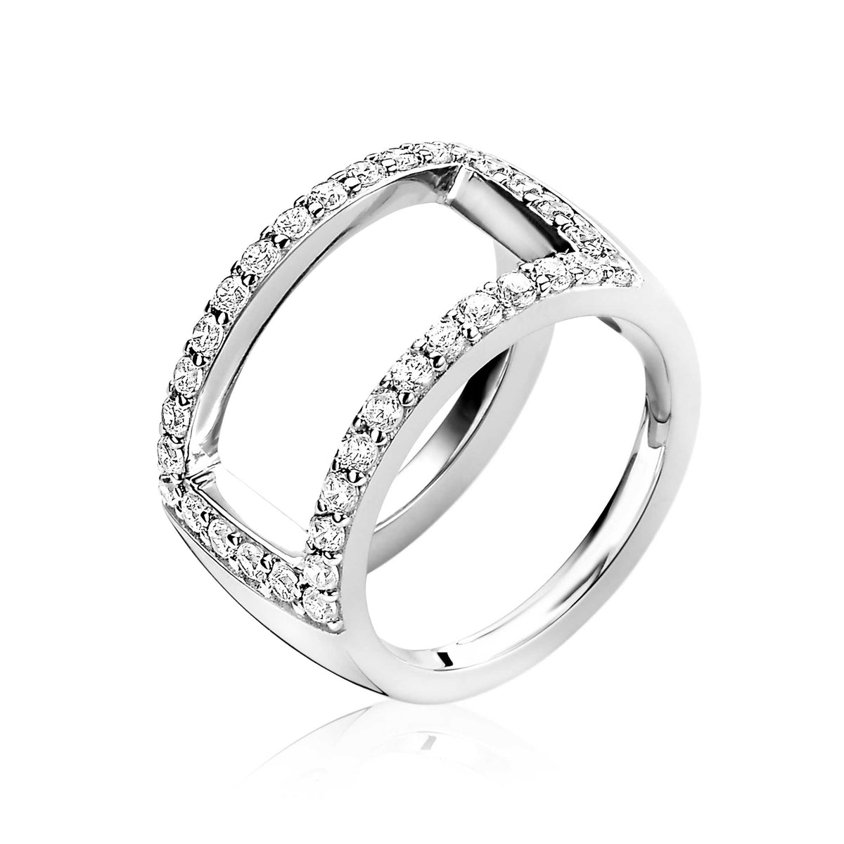 Ring aus Silber mit klaren Zirkonia-Steinen und modernem, geometrischem Design