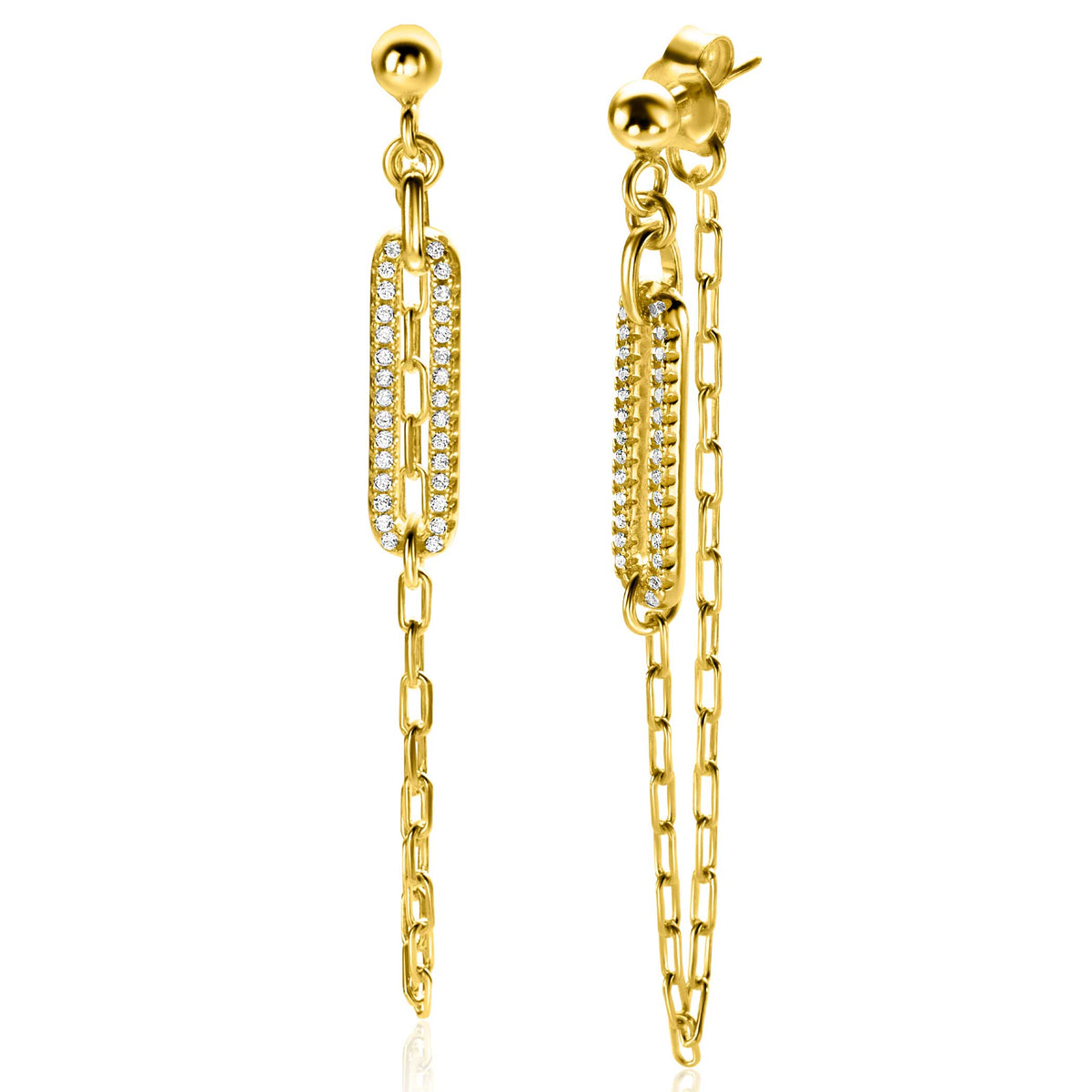 Goldplattierte Ohrringe mit länglichem Design, besetzt mit klaren Edelsteinen und einer Kette
