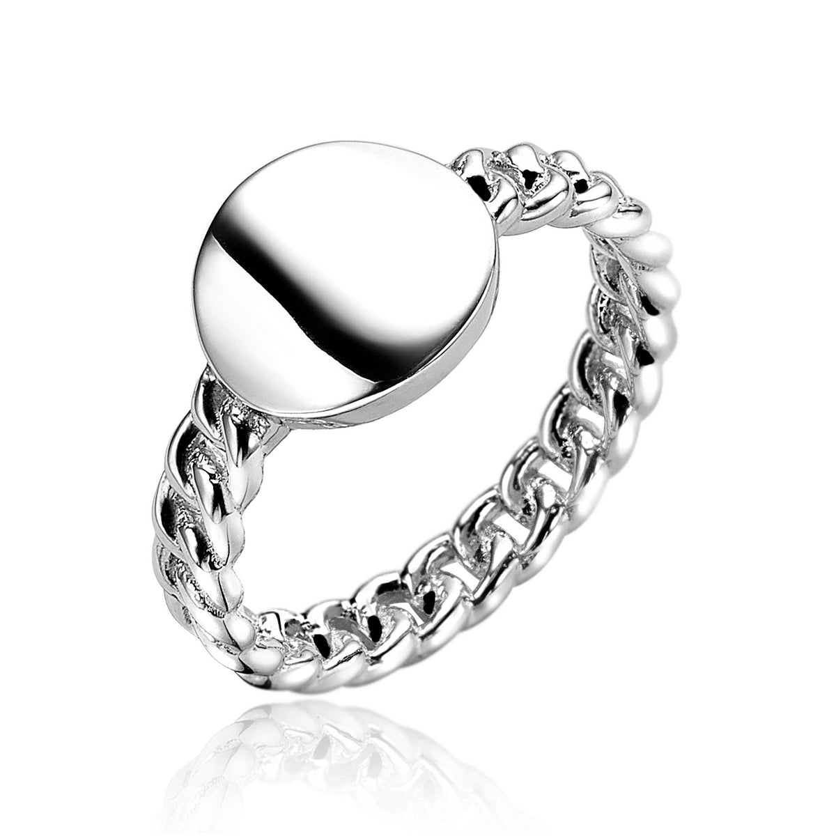 Ring aus Silber mit glänzendem, rundem Element und geflochtenem Band