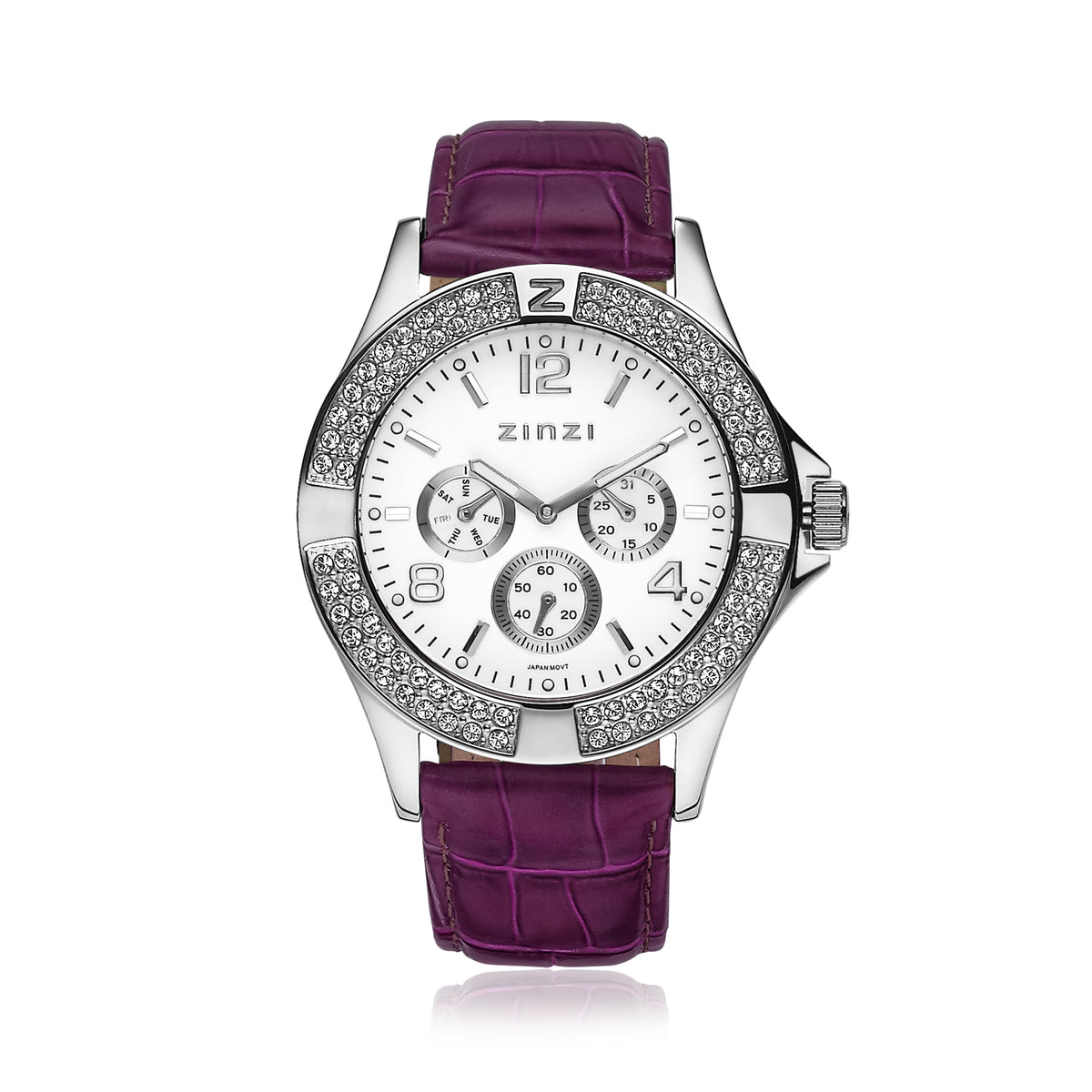 Silberfarbenes Stahl-Horloge mit weißem Zifferblatt und lila Lederarmband, besetzt mit Strasssteinen