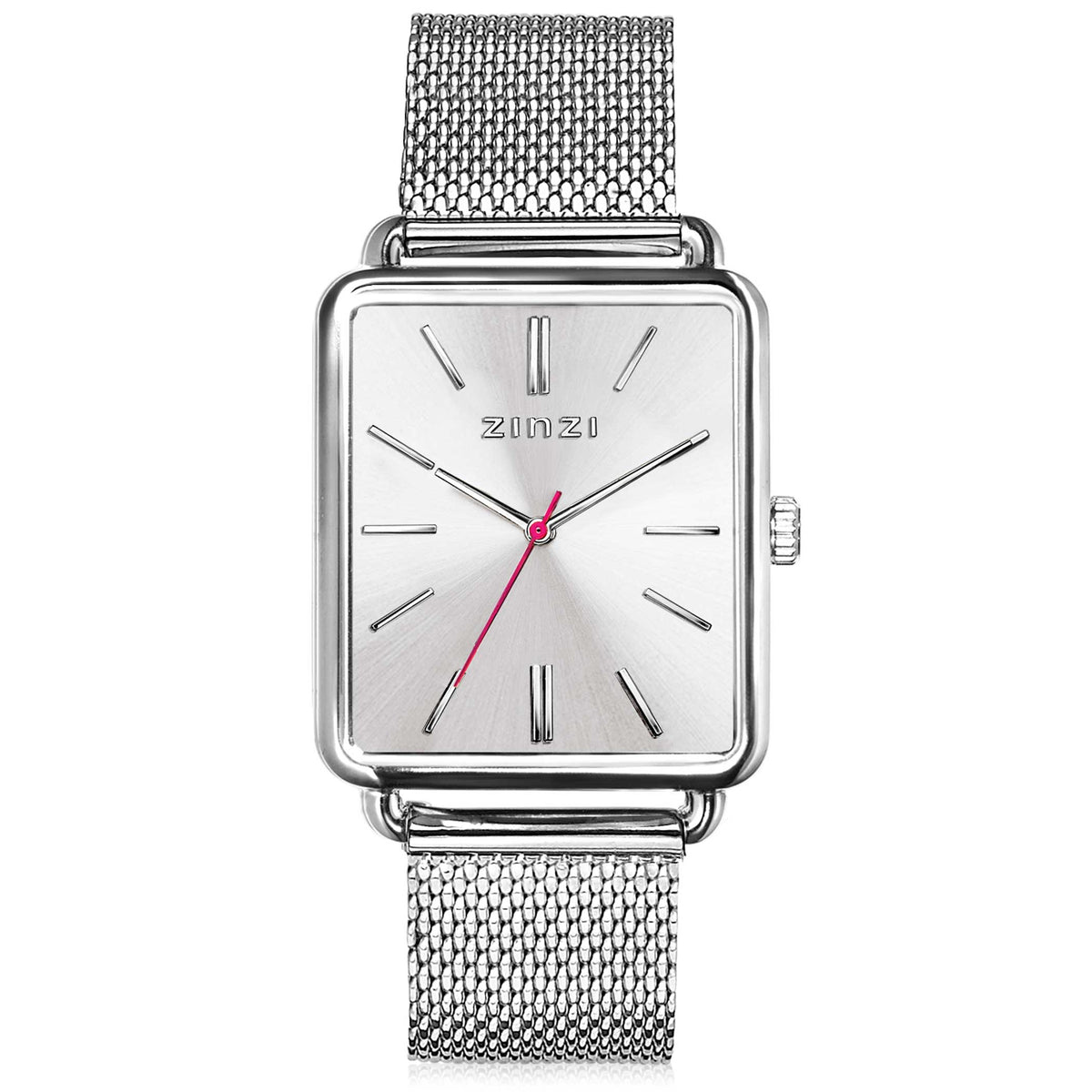 Silbernes Stahl-Horloge mit quadratischem Gehäuse und rotem Sekundenzeiger, Mesh-Armband