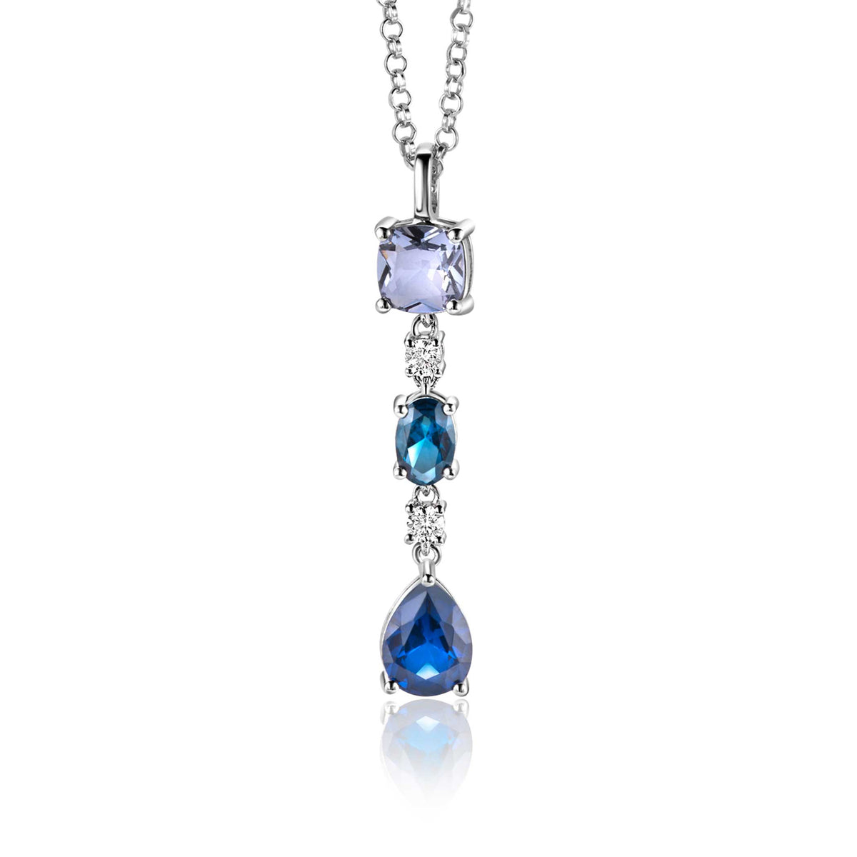 Hänger aus Silber mit lila, hellblauem und blauem Edelstein in verschiedenen Formen