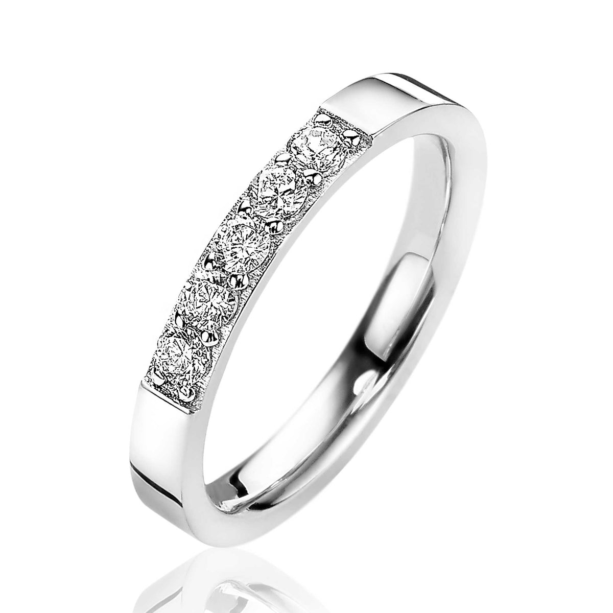 Ring aus Silber mit fünf funkelnden Zirkonia-Steinen in einer Reihe