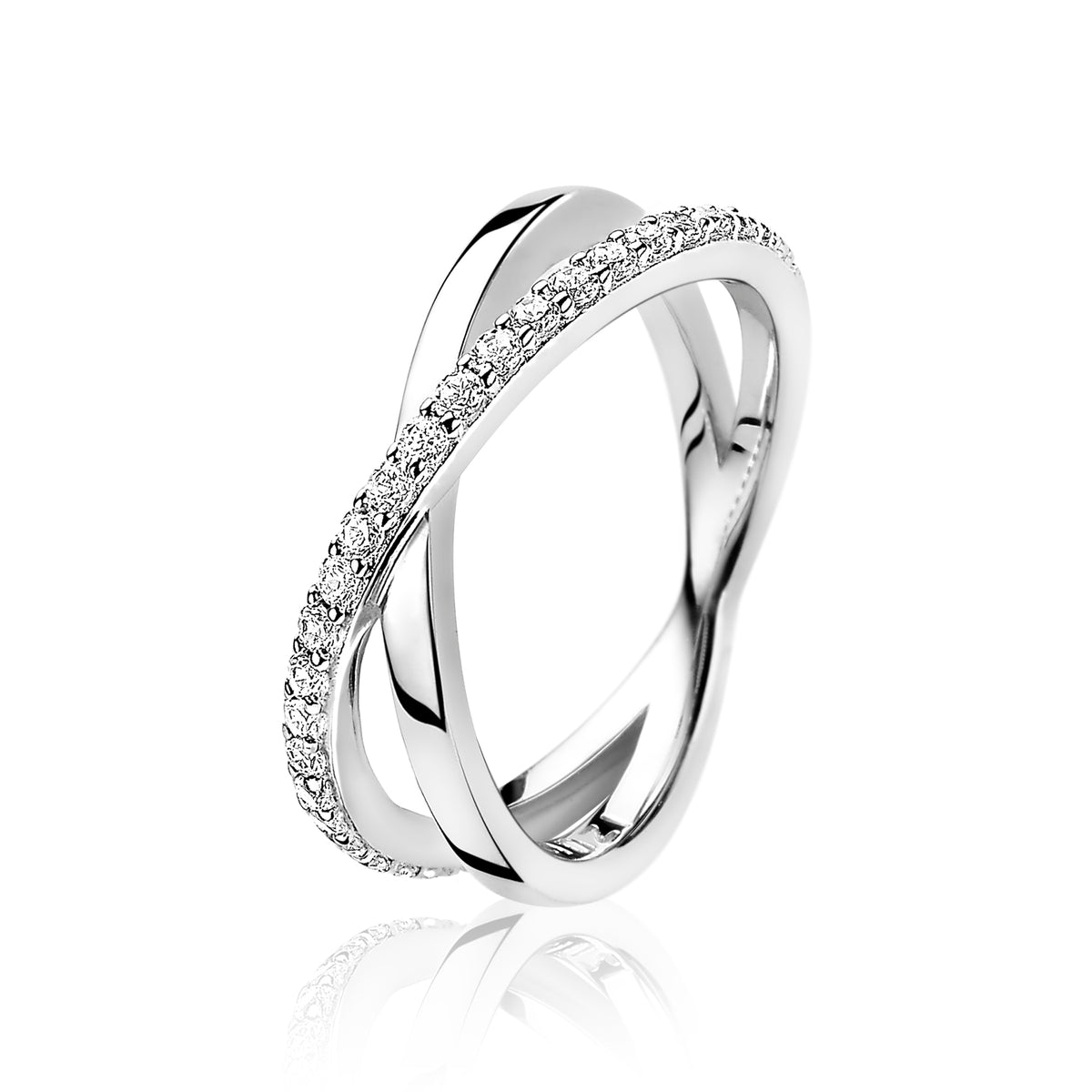 Ring aus Silber mit funkelnden Zirkonia-Steinen in geschwungener Form