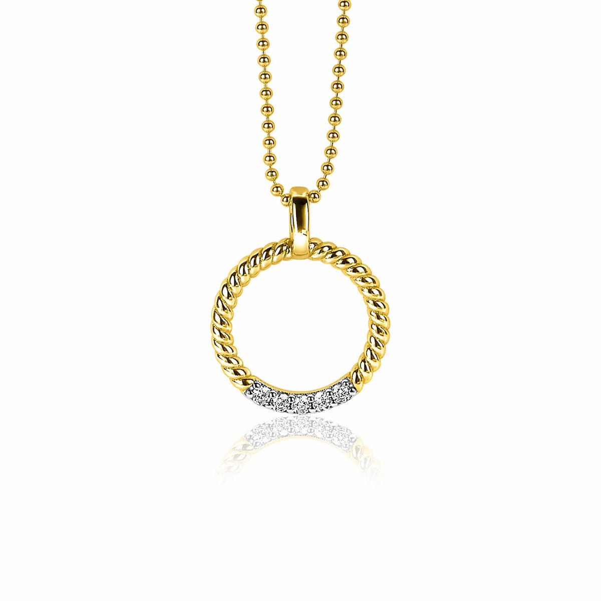 Halskette mit goldplattiertem Anhänger in Kreisform, verziert mit weißen Steinen und geflochtenem Design