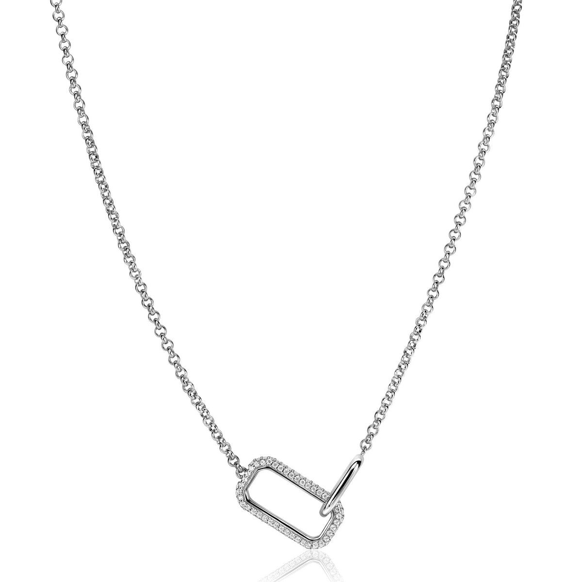 Kette aus Silber mit rechteckigem Anhänger, besetzt mit kleinen, funkelnden Steinen