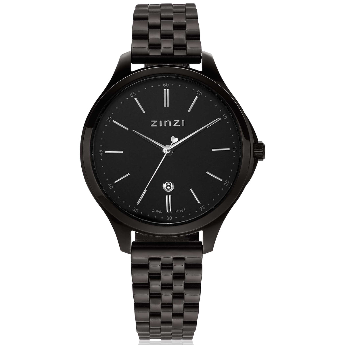 Schwarze Uhr mit schwarzem Zifferblatt, Edelstahlgehäuse und -armband, Datumsanzeige bei 6 Uhr
