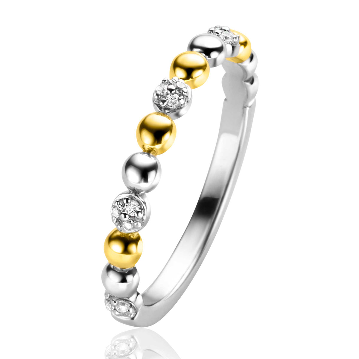Ring aus Silber mit alternierenden goldenen und silbernen Kugeln sowie kleinen Zirkonia-Steinen