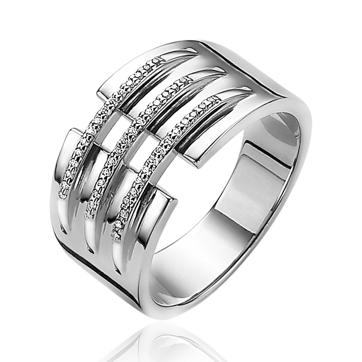 Ring aus Silber mit drei parallel verlaufenden Streifen und kleinen, funkelnden Steinen