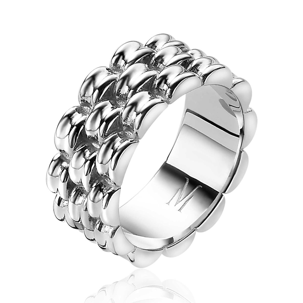 Ring aus Silber mit strukturiertem, geschichtetem Design und glänzender Oberfläche