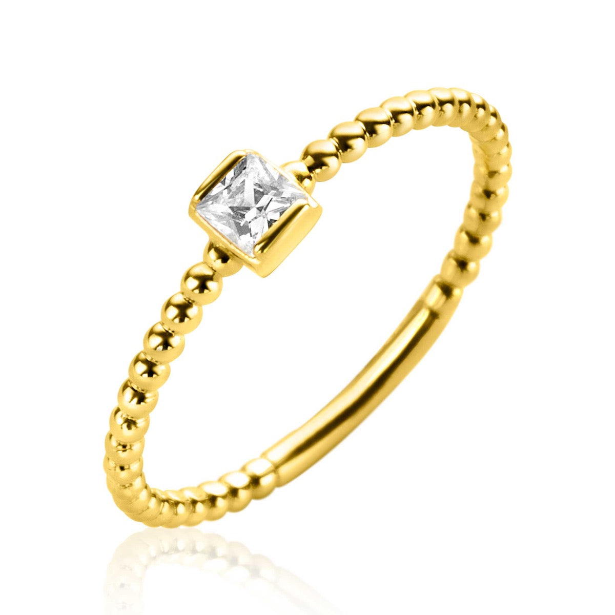 Ring aus Gold mit einem quadratischen, klaren Edelstein und einer perlenförmigen Struktur