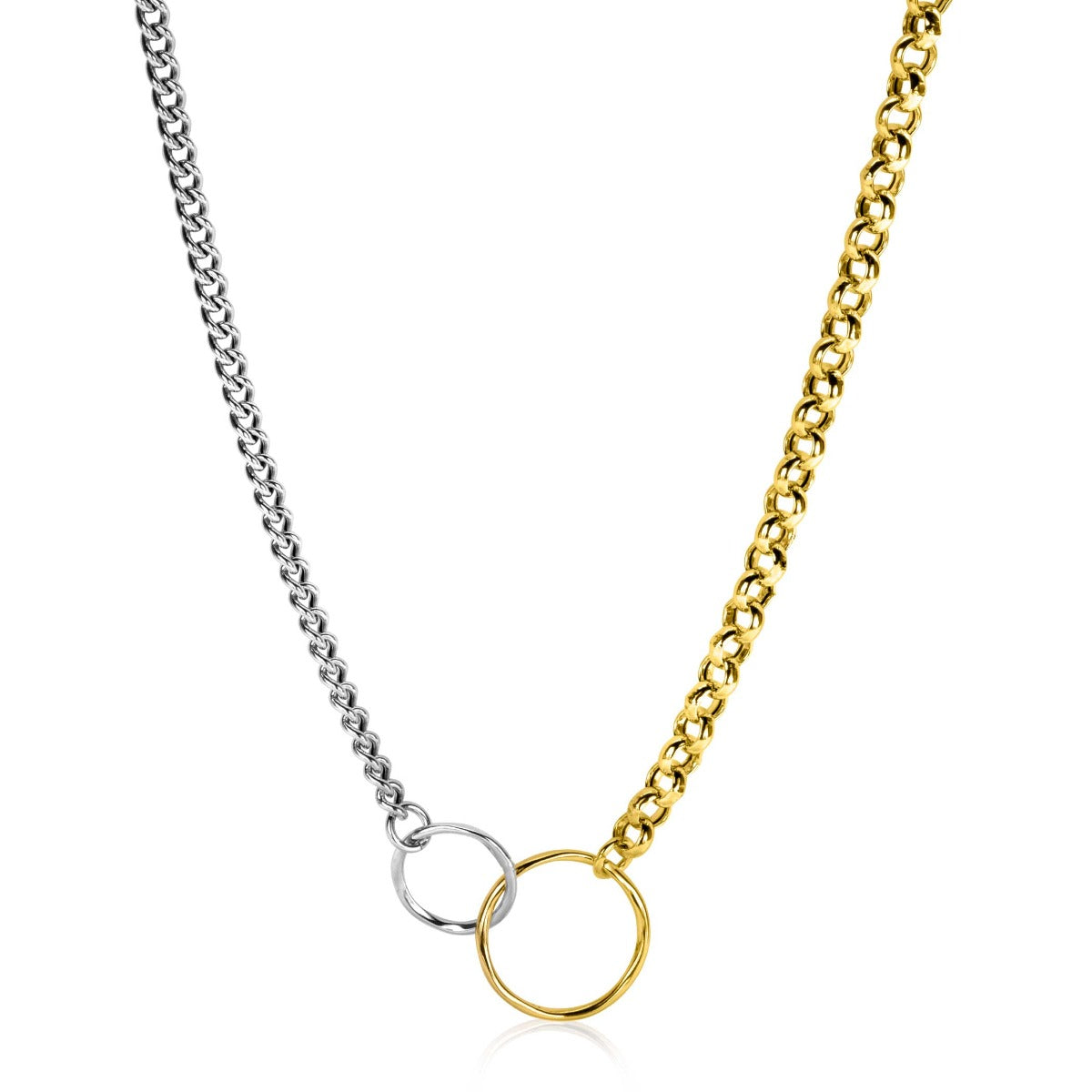 Kette aus Silber und Gold mit einem großen, runden Anhänger und einer Kombination aus Glieder- und Kettenmuster