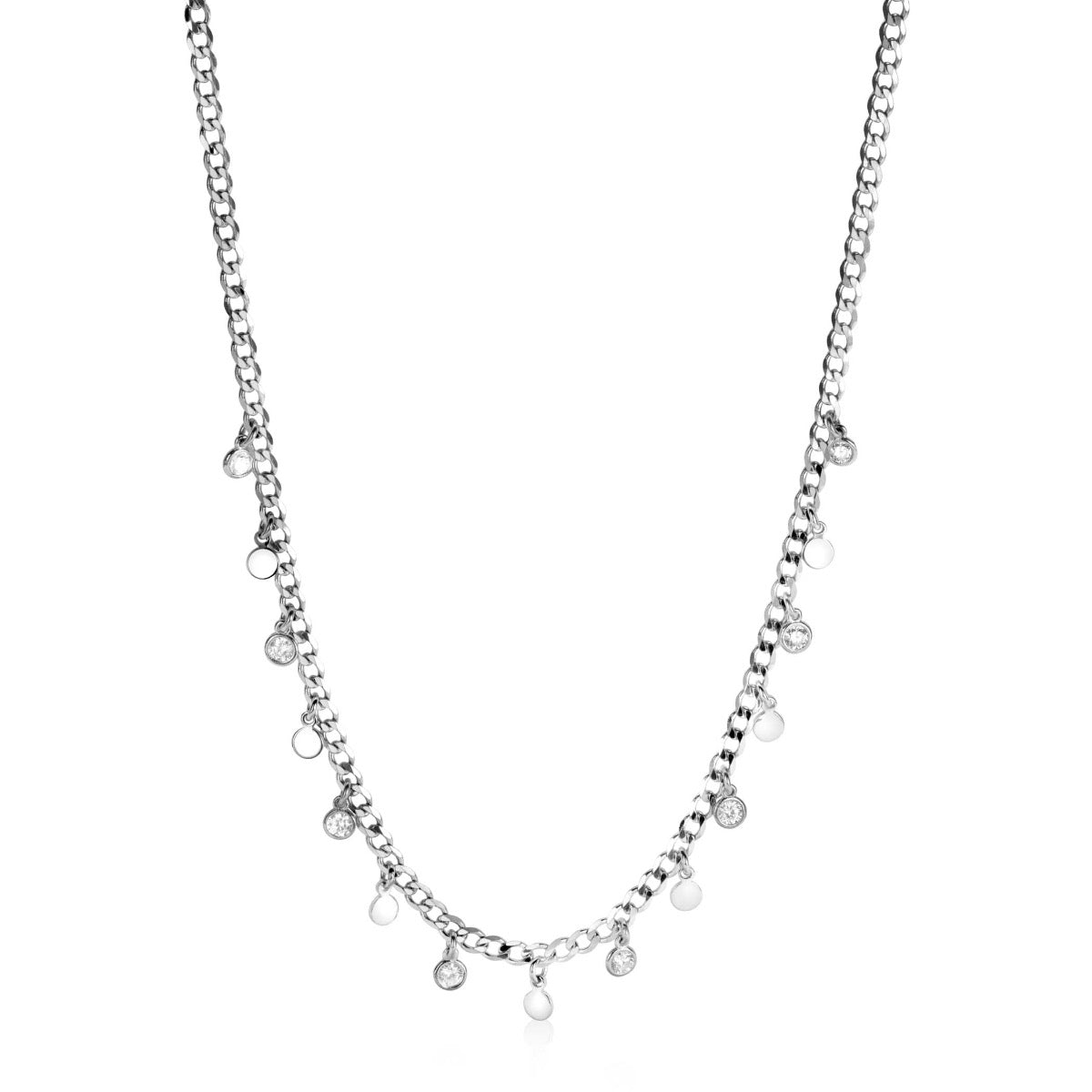 Kette aus Silber mit kleinen, hängenden Anhängern und glänzenden Details