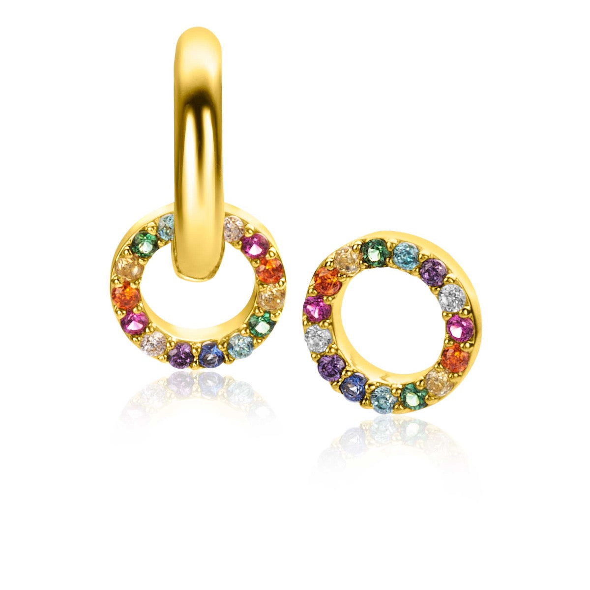 Goldplattierte Ohrringe mit bunten Zirkonia-Steinen in kreisförmigem Design