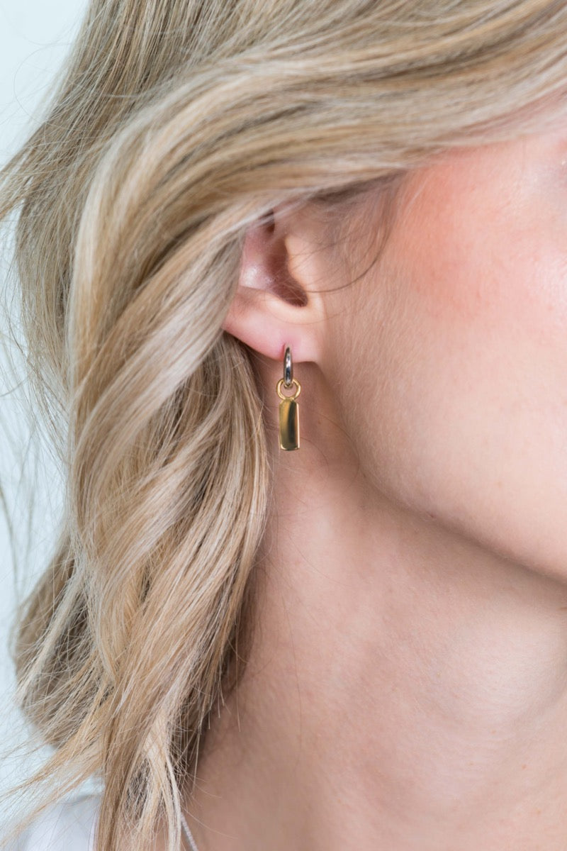 Goldplattierte Ohrringe mit einem hängenden, geschwungenen Element und einem kleinen Ring.