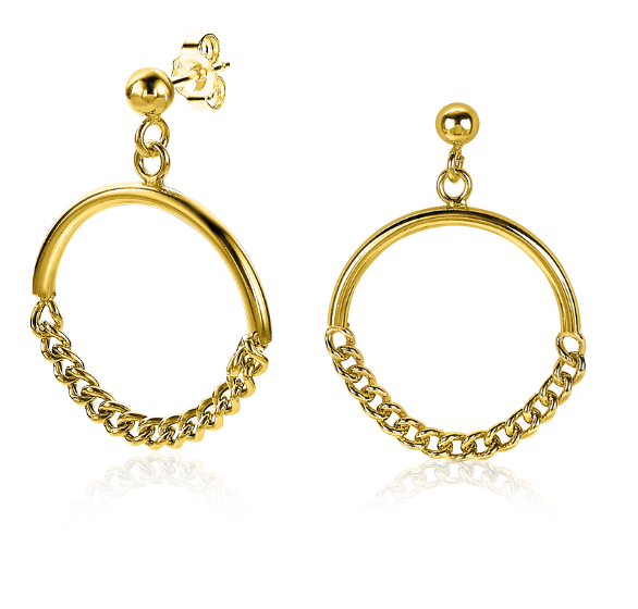 Goldene Klapp-Ohrringe mit einem runden Element und einer Kette aus Gliedern.