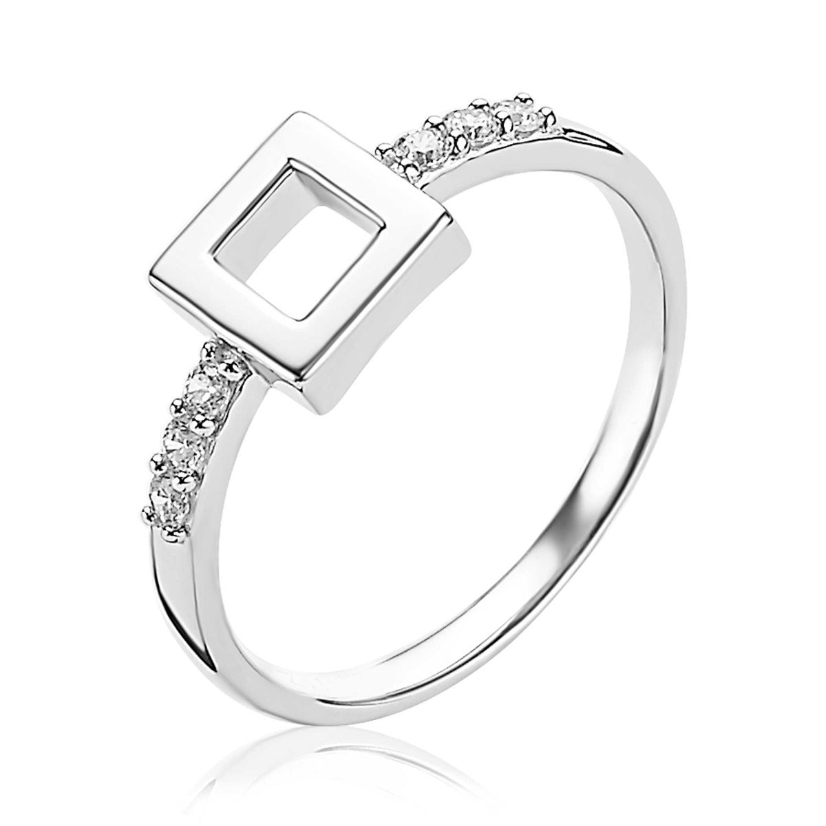 Ring aus Silber mit quadratischem Element und kleinen Zirkonia-Steinen an der Seite