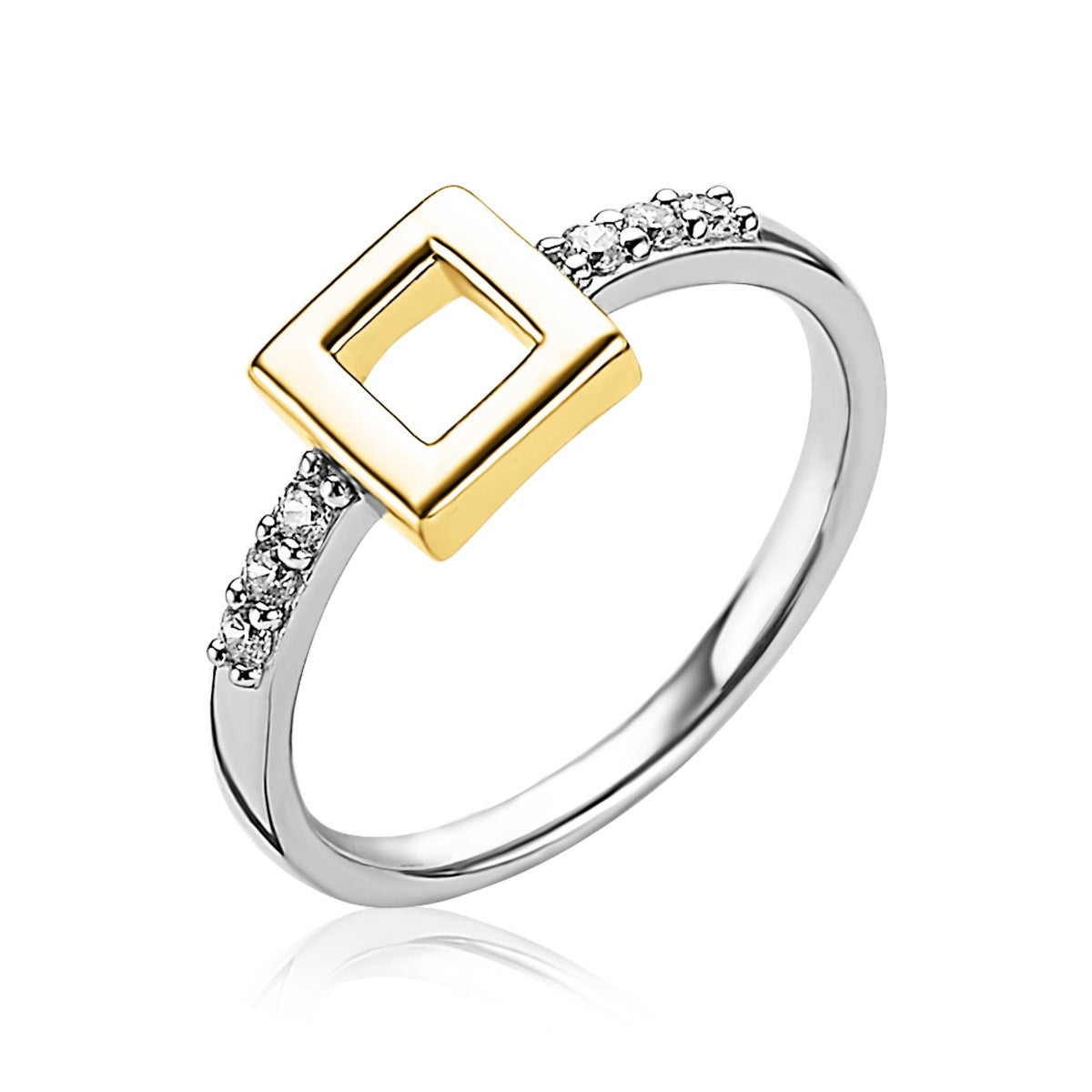 Ring mit vergoldetem quadratischem Element und weißen Steinen an der Seite