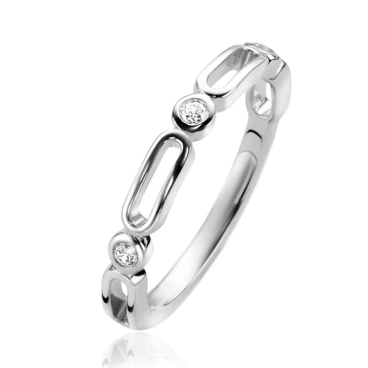 Ring aus Silber mit ovalen Elementen und zwei kleinen, funkelnden Edelsteinen