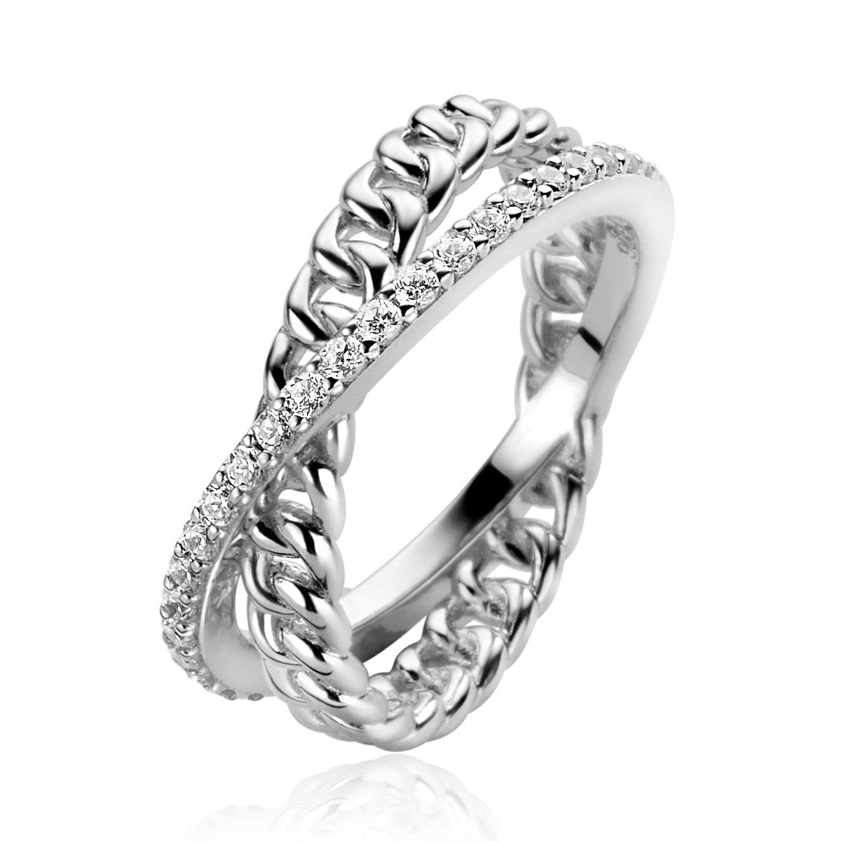Ring aus Silber mit geflochtenem Design und Zirkonia-Steinen entlang der Lünette