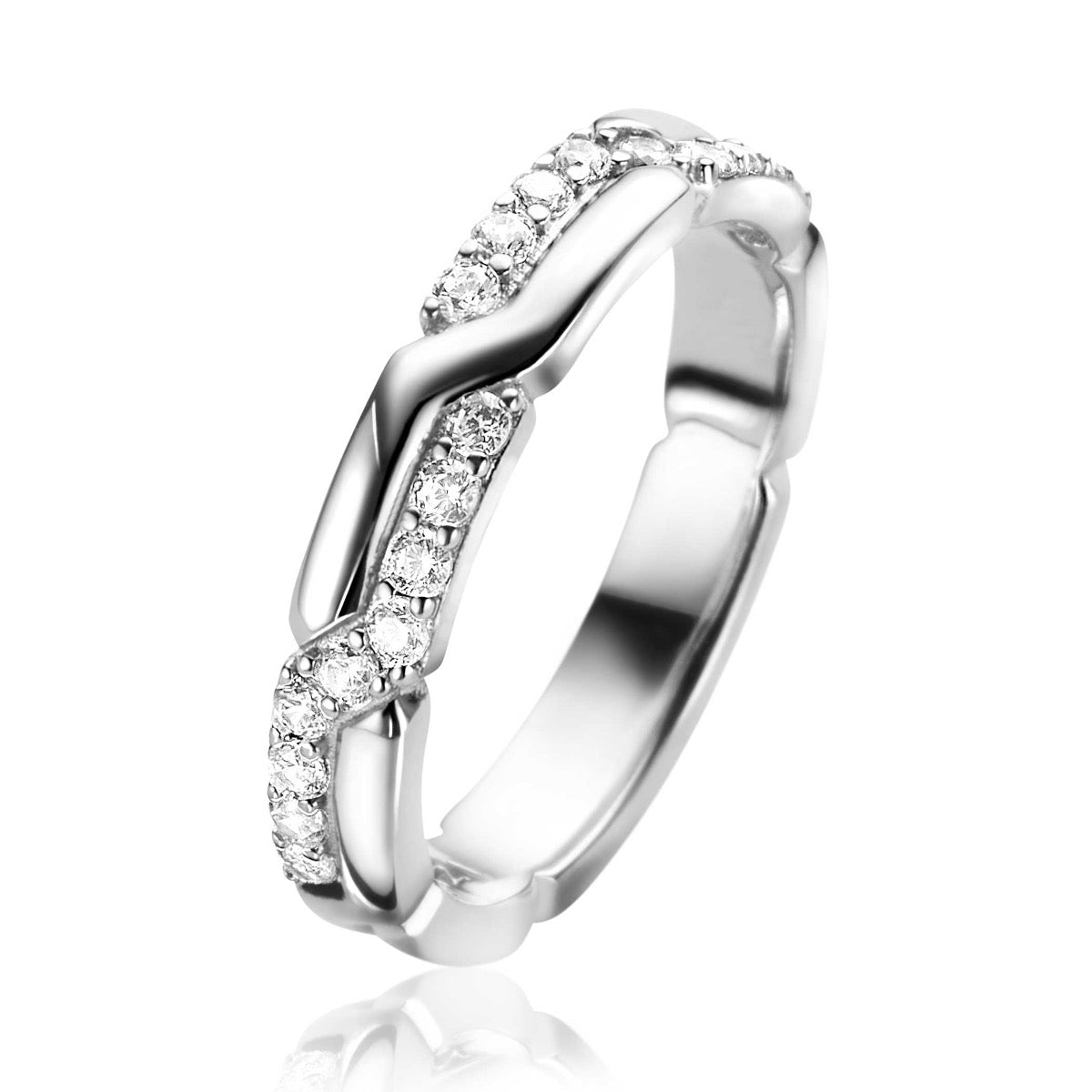 Ring aus Silber mit Zirkonia-Steinen und gewelltem Design