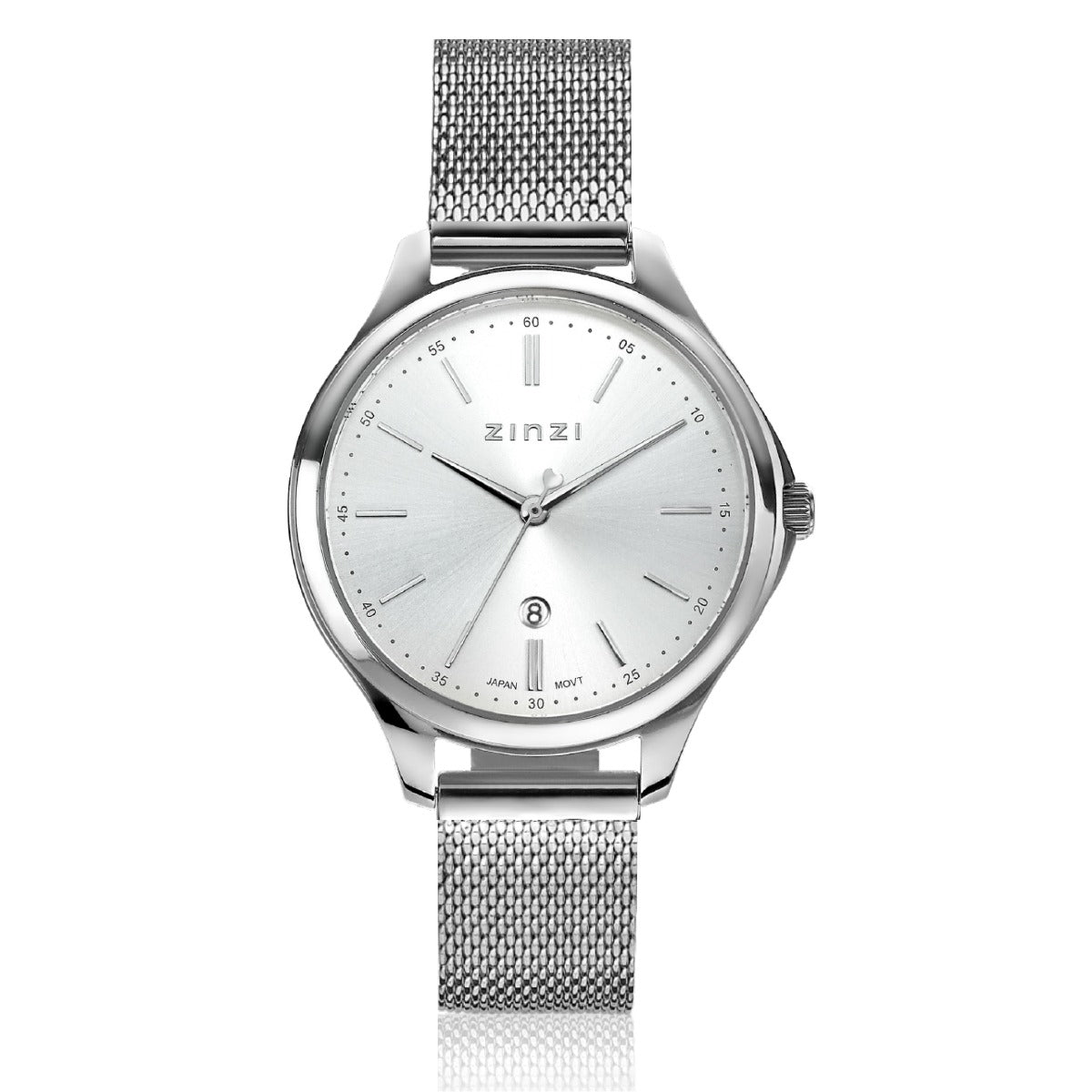 Silbernes Stahl-Horloge mit silbernem Zifferblatt und Mesh-Armband