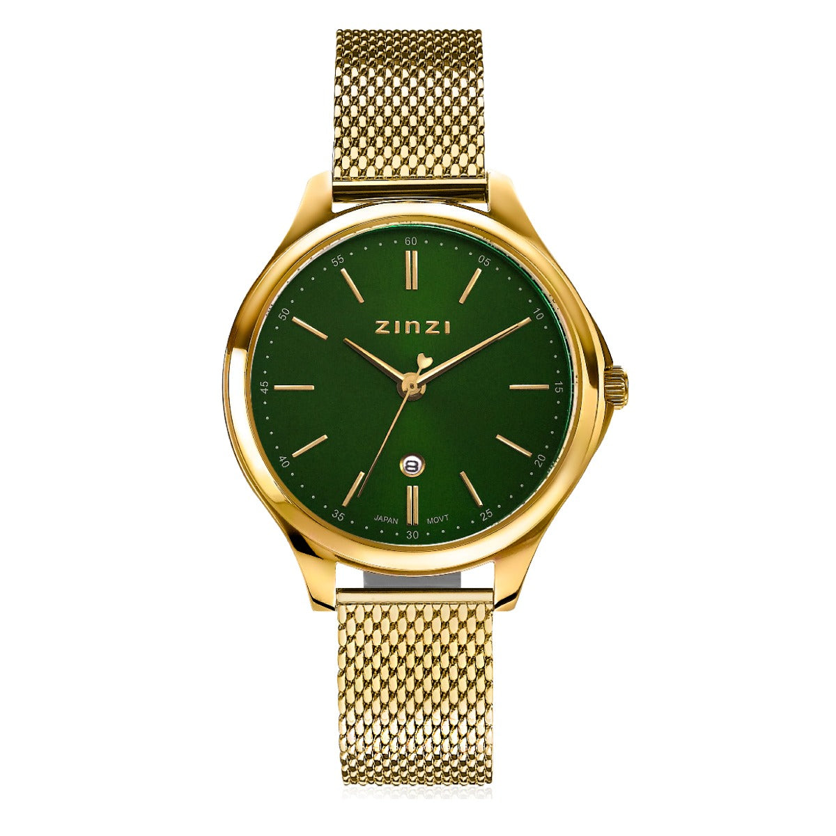 Goldfarbene Uhr mit grünem Zifferblatt und Mesh-Armband