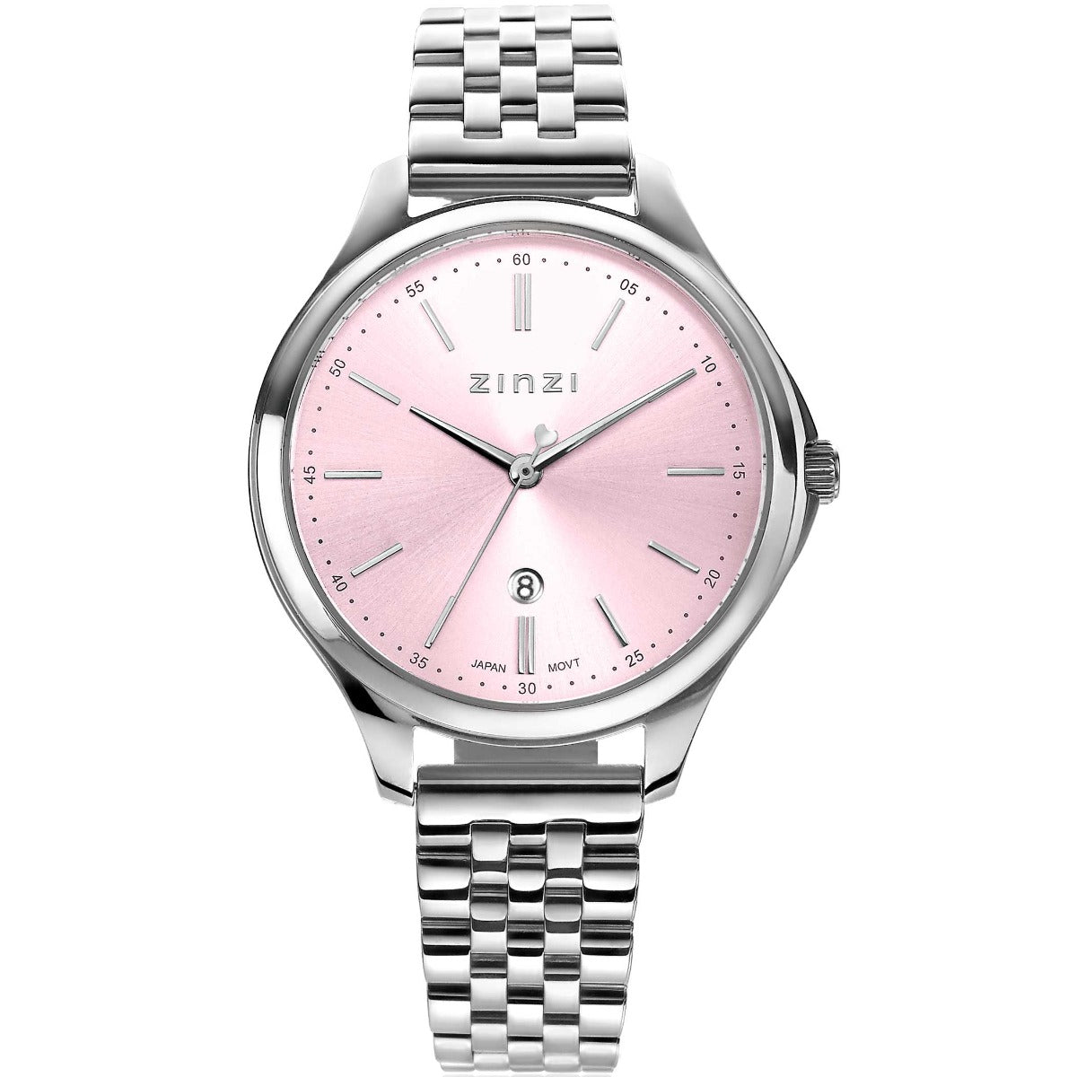 Silberfarbenes Stahlarmband mit rosa Zifferblatt und minimalistischen Indizes
