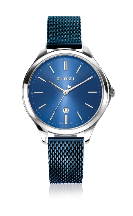 Silberfarbenes Stahl-Horloge mit blauem Zifferblatt und blauem Mesh-Armband